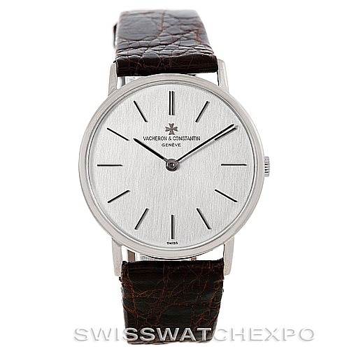 This image shows the Vacheron Constantin Vintage 7697 Men's White Gold Silver Dial 7697 Men's White Gold Silver Dial model watch from a front view, displaying the dial, case, and leather strap.