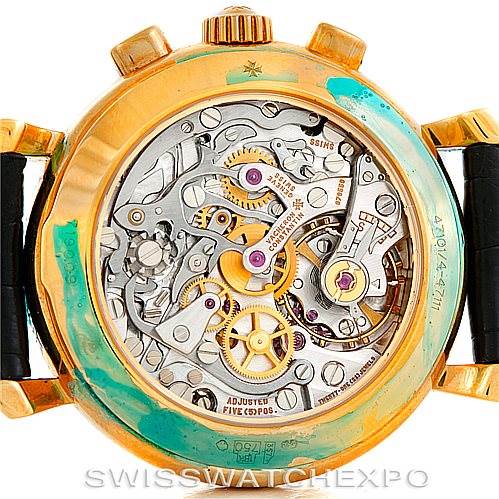 The image shows the reverse side of a Vacheron Constantin Historiques 47111 Men's Yellow Gold Silver Dial 47111 Men's Yellow Gold Silver Dial model, highlighting the intricate inner mechanics.