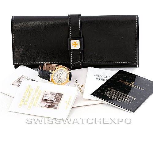 The image shows a Vacheron Constantin Historiques 47111 Men's Yellow Gold Silver Dial 47111 Men's Yellow Gold Silver Dial watch with its leather case, service booklet, and certification documents, at an angle displaying the set flat.
