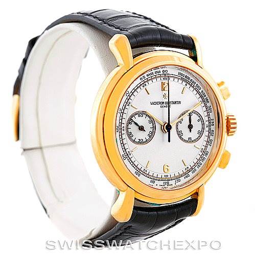 This image shows a Vacheron Constantin Historiques 47111 Men's Yellow Gold Silver Dial 47111 Men's Yellow Gold Silver Dial watch angled to display its face, bezel, crown, and leather strap.