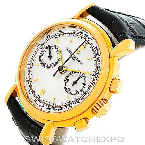 The image shows a close-up, angled view of a Vacheron Constantin Historiques 47111 Men's Yellow Gold Silver Dial 47111 Men's Yellow Gold Silver Dial watch, highlighting the dial, case, crown, and pushers.