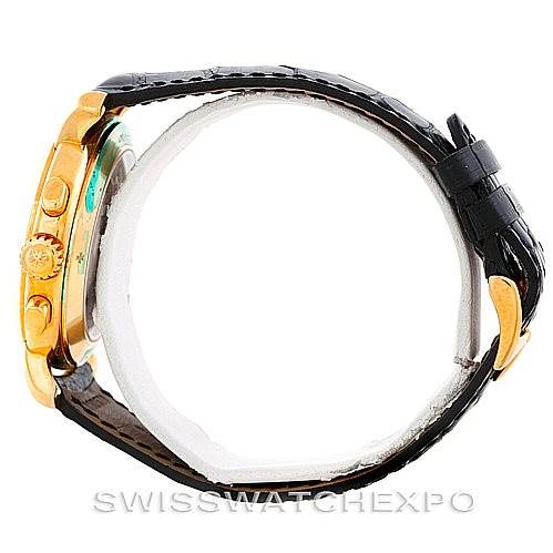 The image shows a side view of the Vacheron Constantin Historiques 47111 Men's Yellow Gold Silver Dial 47111 Men's Yellow Gold Silver Dial model, highlighting the crown, pushers, and part of the leather strap.