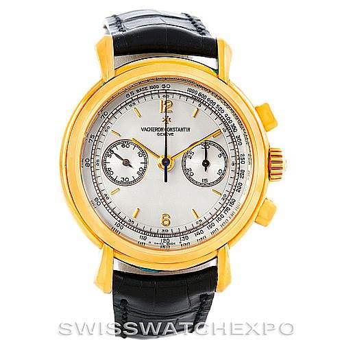 The Vacheron Constantin Historiques 47111 Men's Yellow Gold Silver Dial 47111 Men's Yellow Gold Silver Dial watch is shown from the front angle, highlighting its dial, case, and black leather strap.