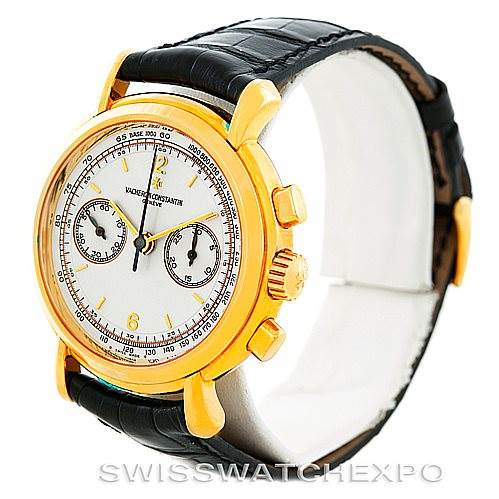 The image shows a Vacheron Constantin Historiques 47111 Men's Yellow Gold Silver Dial 47111 Men's Yellow Gold Silver Dial watch at a three-quarter front angle, highlighting the dial, crown, pushers, and black strap.