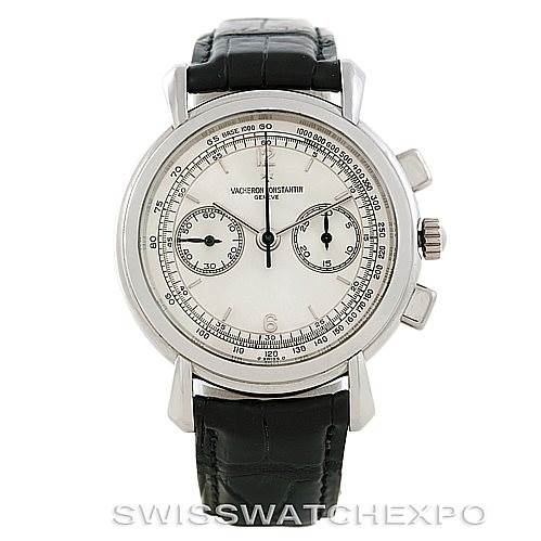 The image shows a front view of the Vacheron Constantin Historiques 47101 Men's Platinum Silver Dial 47101 Men's Platinum Silver Dial model watch, highlighting its dial, chronograph subdials, and leather strap.