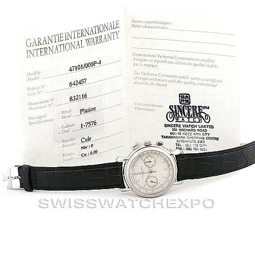 The image shows a frontal view of a Vacheron Constantin Historiques 47101 Men's Platinum Silver Dial 47101 Men's Platinum Silver Dial watch with its warranty card laid flat behind it.