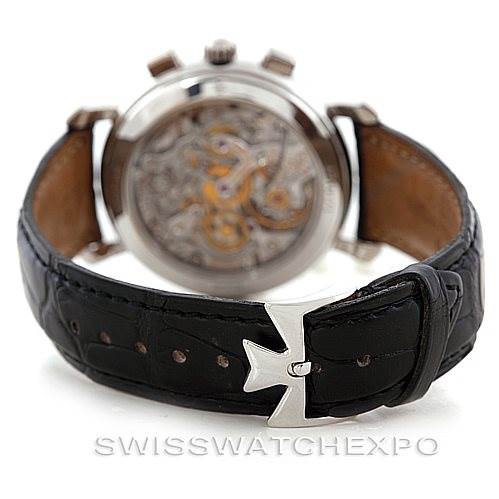 The image shows the back view of a Vacheron Constantin Historiques 47101 Men's Platinum Silver Dial 47101 Men's Platinum Silver Dial model watch, focusing on the leather strap and buckle.