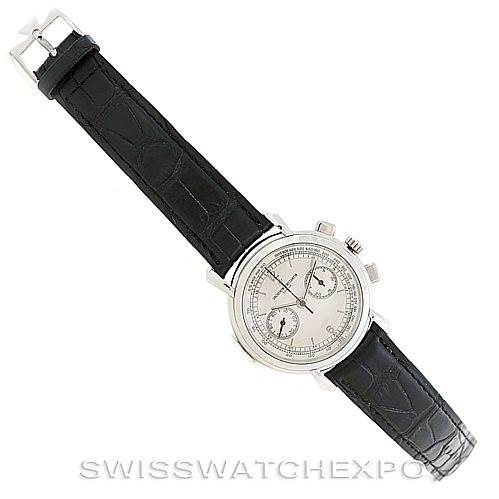 The image shows a Vacheron Constantin Historiques 47101 Men's Platinum Silver Dial 47101 Men's Platinum Silver Dial model watch, displaying the face, crown, pushers, and black leather strap from a top-down angle.