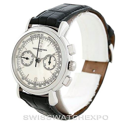 The image shows a Vacheron Constantin Historiques 47101 Men's Platinum Silver Dial 47101 Men's Platinum Silver Dial model watch at a three-quarter angle, displaying the dial, bezel, and leather strap.