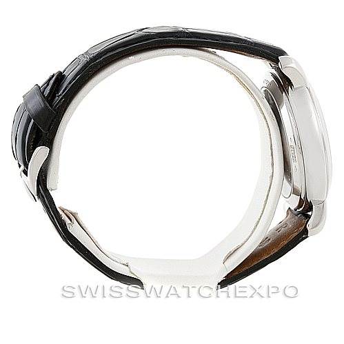 The image shows a side profile view of the Vacheron Constantin Historiques 47101 Men's Platinum Silver Dial 47101 Men's Platinum Silver Dial watch, highlighting its case, crown, and leather strap.