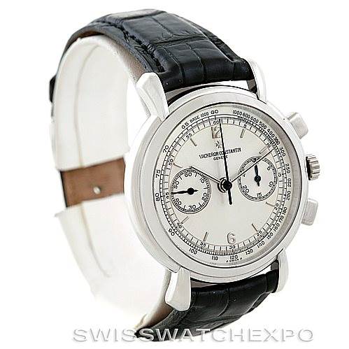 The image shows a Vacheron Constantin Historiques 47101 Men's Platinum Silver Dial 47101 Men's Platinum Silver Dial model watch from a front three-quarter angle, highlighting the dial, sub-dials, bezel, and leather strap.