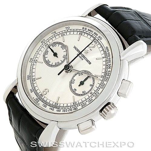 The image shows a Vacheron Constantin Historiques 47101 Men's Platinum Silver Dial 47101 Men's Platinum Silver Dial model watch from an oblique angle, highlighting its face, crown, pushers, and leather strap.