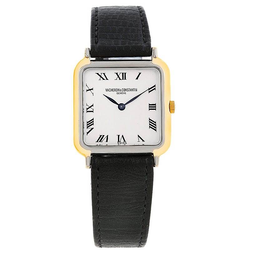 This is a frontal view of a Vacheron Constantin Vintage Men's Yellow Gold Silver Dial Men's Yellow Gold Silver Dial watch featuring a square face, Roman numerals, and a black leather strap.