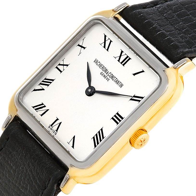 The Vacheron Constantin Vintage Men's Yellow Gold Silver Dial Men's Yellow Gold Silver Dial watch is shown at an angled view, highlighting its square face, Roman numerals, and leather strap.
