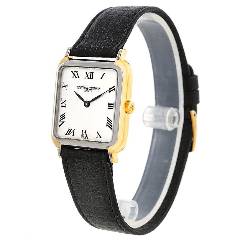 The image depicts a Vacheron Constantin Vintage Men's Yellow Gold Silver Dial Men's Yellow Gold Silver Dial watch with a square dial and black leather strap, shown at a slight angle from the front-left side.