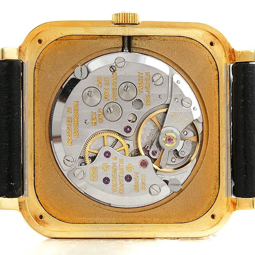 This image shows the movement and inner workings of a Vintage Vacheron Constantin watch from a rear view angle.