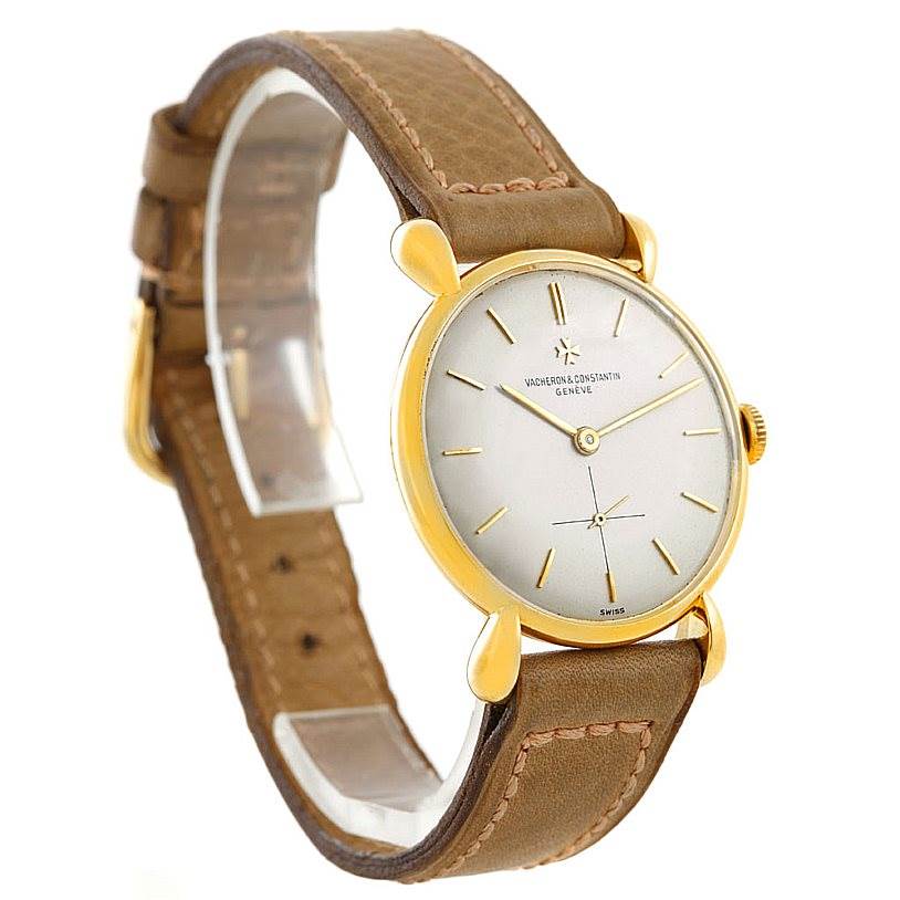 The image shows a Vintage Vacheron Constantin watch at a slight angle, depicting the face, hour markers, hands, casing, and leather strap.
