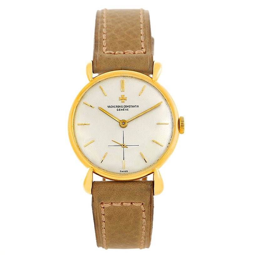 This image shows a front view of a Vacheron Constantin Vintage 4014 Men's Yellow Gold Silver Dial 4014 Men's Yellow Gold Silver Dial watch with a gold-tone case and a brown leather strap.