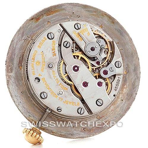 The image shows the internal mechanics (movement) of a Vintage Vacheron Constantin watch from a top-down view.
