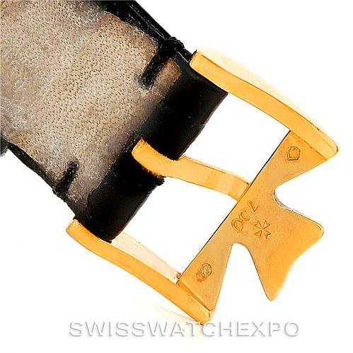 This image shows a close-up of the clasp and part of the leather strap of a Vacheron Constantin Historiques 47101/4 Men's Yellow Gold Black Dial 47101/4 Men's Yellow Gold Black Dial watch.