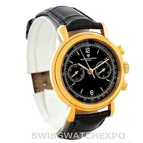 The image shows a Vacheron Constantin Historiques 47101/4 Men's Yellow Gold Black Dial 47101/4 Men's Yellow Gold Black Dial model watch from a front angle displaying the face, bezel, and leather strap.