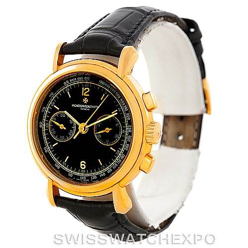 The Vacheron Constantin Historiques 47101/4 Men's Yellow Gold Black Dial 47101/4 Men's Yellow Gold Black Dial watch is shown at a three-quarter angle, displaying its black dial, gold case, and black leather strap.
