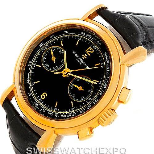 The Vacheron Constantin Historiques 47101/4 Men's Yellow Gold Black Dial 47101/4 Men's Yellow Gold Black Dial watch is shown at a tilted side angle, highlighting its black dial, yellow gold case, and black strap.