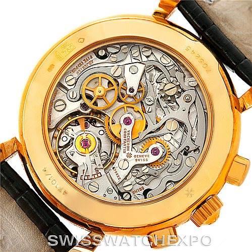 This image shows the back side of the Vacheron Constantin Historiques 47101/4 Men's Yellow Gold Black Dial 47101/4 Men's Yellow Gold Black Dial watch, displaying the intricate internal movement.