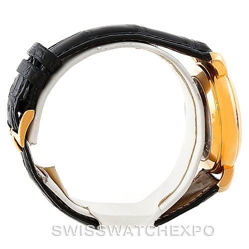 The image shows a side view of the Vacheron Constantin Historiques 47101/4 Men's Yellow Gold Black Dial 47101/4 Men's Yellow Gold Black Dial watch, highlighting the gold case and black leather strap.