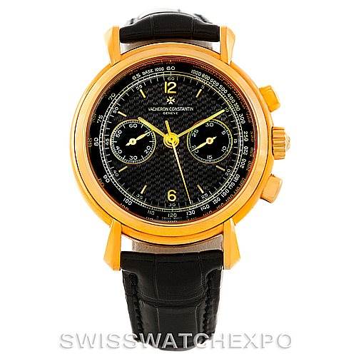 The Vacheron Constantin Historiques 47101/4 Men's Yellow Gold Black Dial 47101/4 Men's Yellow Gold Black Dial watch is shown from a front view, displaying its gold case, black dial, leather strap, and chronograph features.