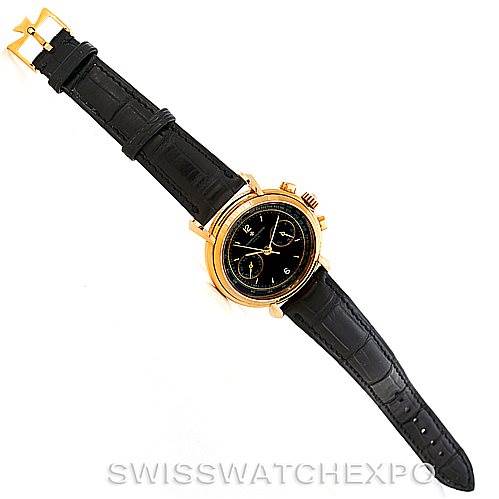 The image shows a Vacheron Constantin Historiques 47101/4 Men's Yellow Gold Black Dial 47101/4 Men's Yellow Gold Black Dial watch, angled to highlight its face, case, and attached black leather strap.