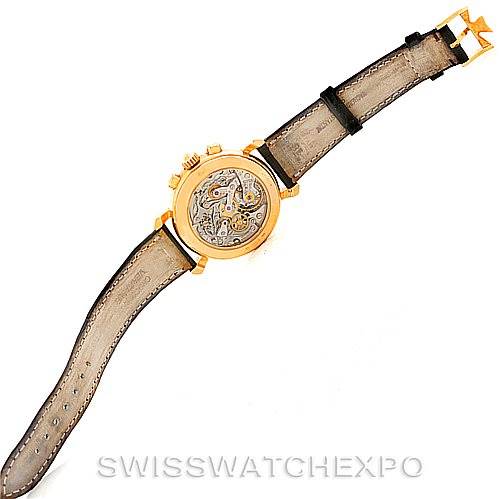 The image shows the back of a Vacheron Constantin Historiques 47101/4 Men's Yellow Gold Black Dial 47101/4 Men's Yellow Gold Black Dial watch, displaying its case back and strap.