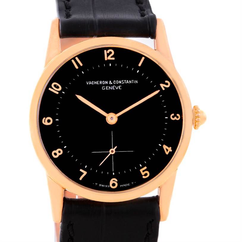 This Vacheron Constantin Vintage Men's Rose Gold Black Dial Men's Rose Gold Black Dial watch is shown from the front, highlighting its black dial, gold hands, numerals, and black leather strap.