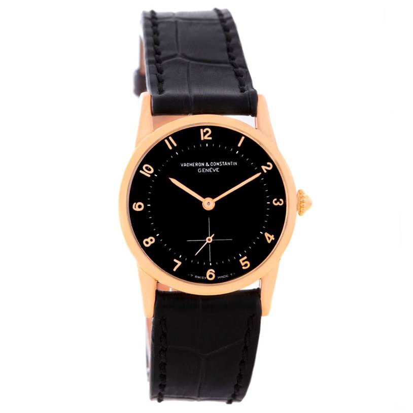 This image shows a front view of a Vintage Vacheron Constantin watch featuring a black dial and black leather strap.
