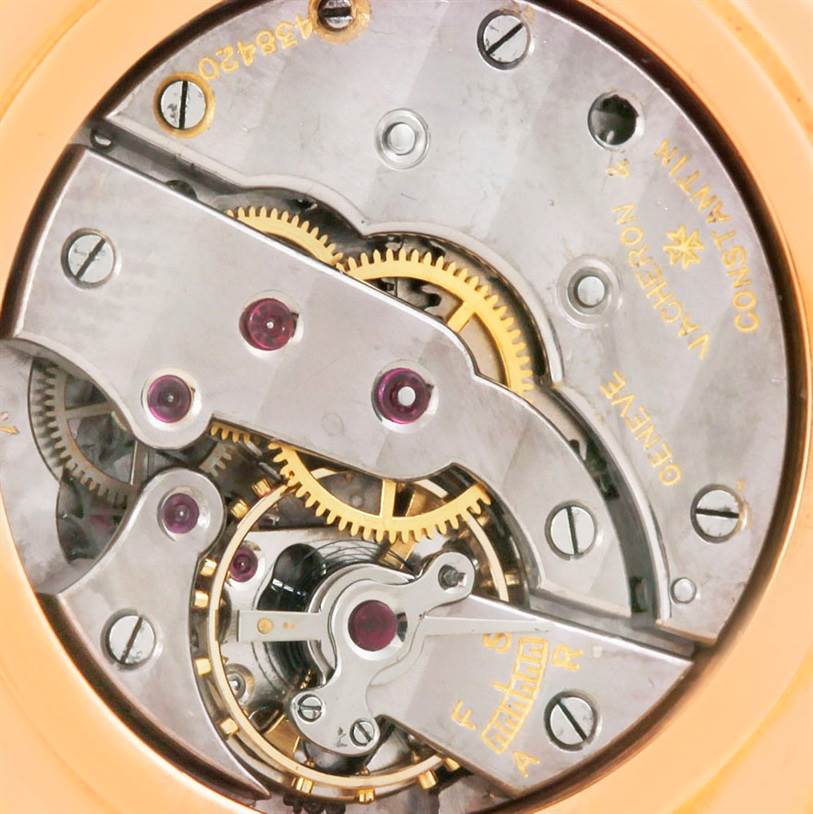 The image shows the intricate internal mechanism of a Vintage Vacheron Constantin watch, focusing on gears and screws.