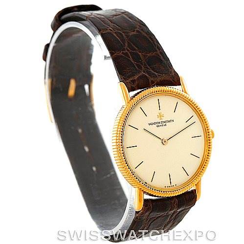 The image shows a Vacheron Constantin Vintage 33076 Men's Yellow Gold Beige Dial 33076 Men's Yellow Gold Beige Dial watch from a front angle, highlighting its round gold case and brown leather strap.