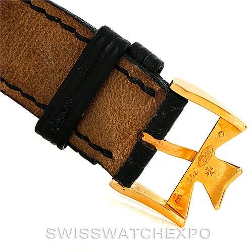This image shows the buckle and leather strap of a vintage Vacheron Constantin watch, viewed from a close angle.