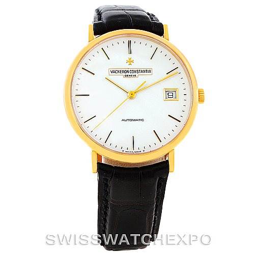 This image shows a front view of the Vintage Vacheron Constantin watch, highlighting its face, numerals, date display, and leather strap.