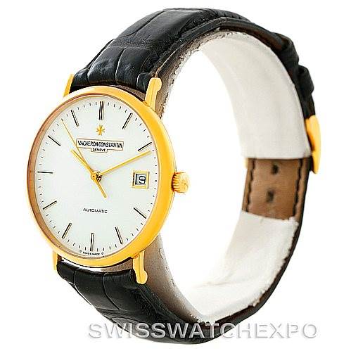 The image shows a side angle of a Vintage Vacheron Constantin watch, highlighting its leather strap and gold-tone case.