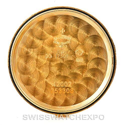 This image shows the inner case back of a Vintage Vacheron Constantin watch with model and serial numbers engraved.