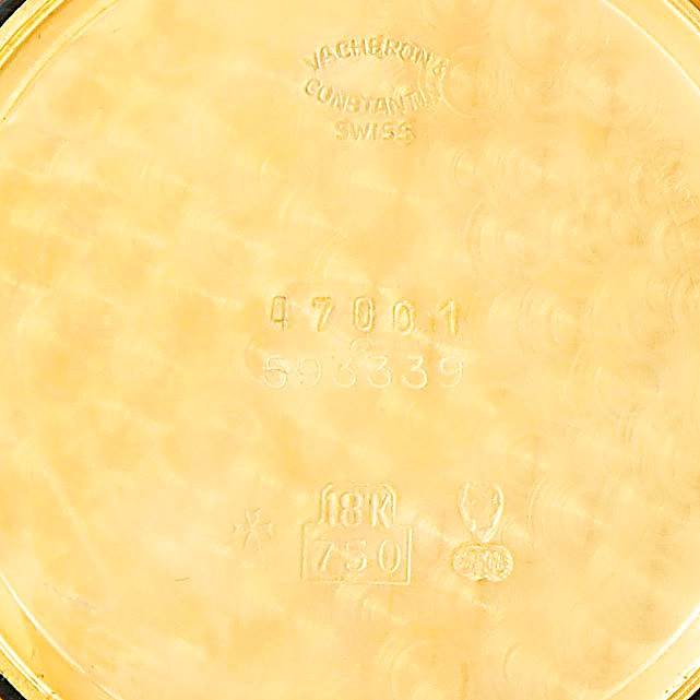 The image shows the engraved inner caseback of a Vintage Vacheron Constantin watch, featuring model numbers and gold purity marks.