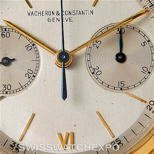 This is a close-up of the dial of a Vintage Vacheron Constantin watch, showing the hands, subdials, and part of the minute markers.