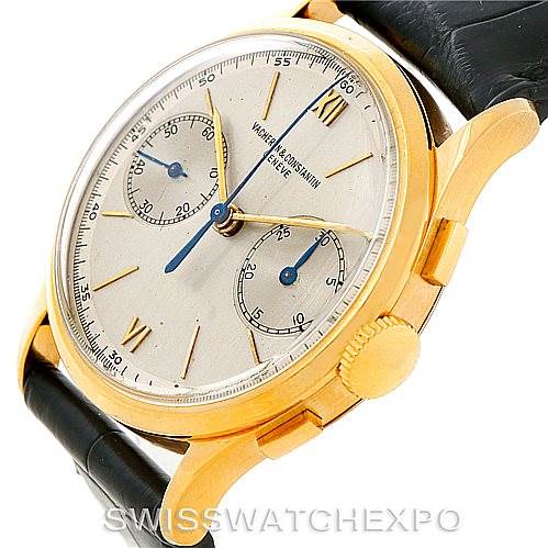 This image shows a side and front angle of a Vacheron Constantin Vintage Men's Yellow Gold Silver Dial Men's Yellow Gold Silver Dial watch with a gold case, two subdials, and a black leather strap.