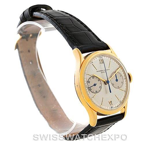 The image shows a side and front angle of a Vintage Vacheron Constantin watch with a gold case and black leather strap.