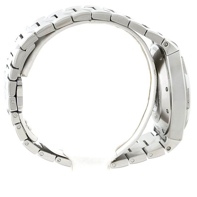 The image shows a side profile of the Vacheron Constantin Overseas 49150 Men's Stainless Steel Silver Dial 49150 Men's Stainless Steel Silver Dial watch, highlighting its case and metal bracelet.