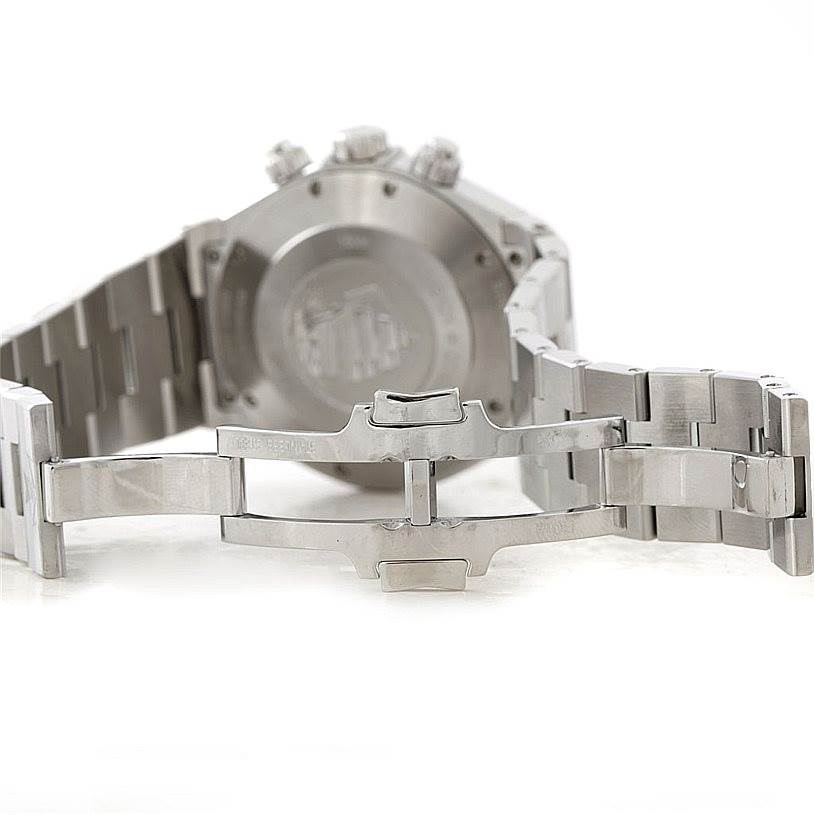 The image shows the back and clasp of the Vacheron Constantin Overseas 49150 Men's Stainless Steel Silver Dial 49150 Men's Stainless Steel Silver Dial watch, highlighting the stainless steel bracelet and deployment clasp.