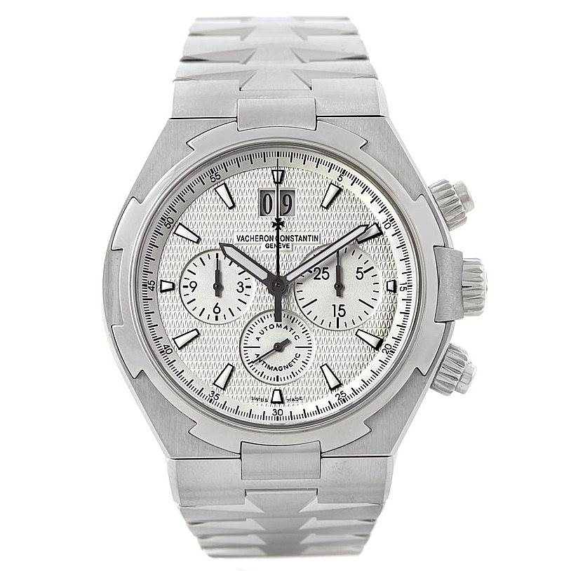 The image shows a front view of the Vacheron Constantin Overseas 49150 Men's Stainless Steel Silver Dial 49150 Men's Stainless Steel Silver Dial model watch, highlighting its dial, hands, and bracelet.