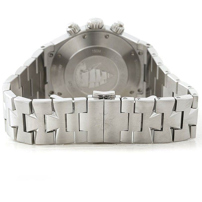 The image shows the back and bracelet of the Vacheron Constantin Overseas 49150 Men's Stainless Steel Silver Dial 49150 Men's Stainless Steel Silver Dial model, highlighting its clasp and case back.