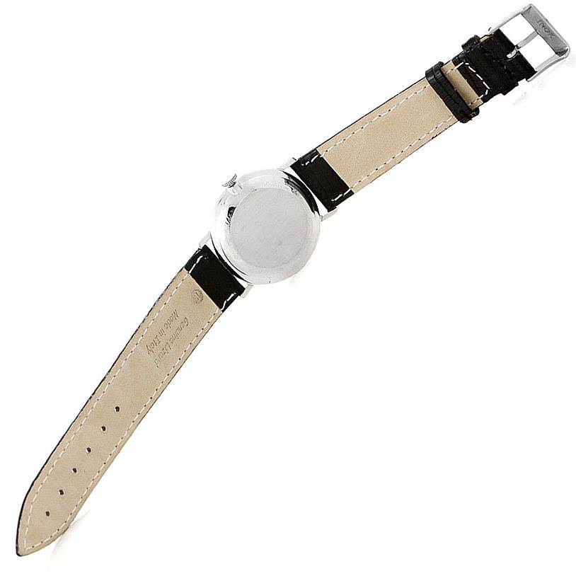 This is the back view of a Vintage Vacheron Constantin watch, highlighting the case back and leather strap.