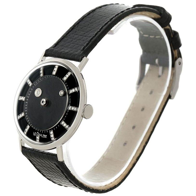 This Vacheron Constantin Vintage White Gold Black Dial White Gold Black Dial model watch is shown at an angled view, displaying the dial, case, crown, and black leather strap.